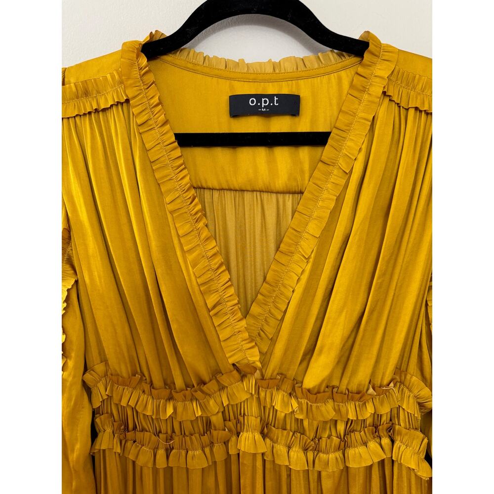 O.P.T. Feminine Modern Tianna Gold Pleated Ruffle Tiered Silky Mini Dress M - Picture 4 of 15